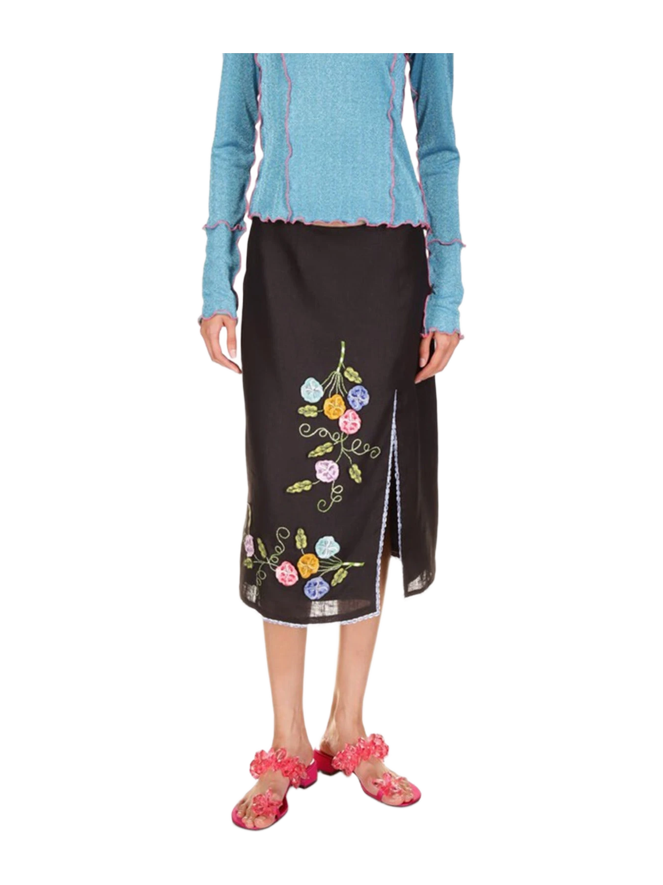 Anna Sui 3-D Pansy Embroidered on Linen Skirt