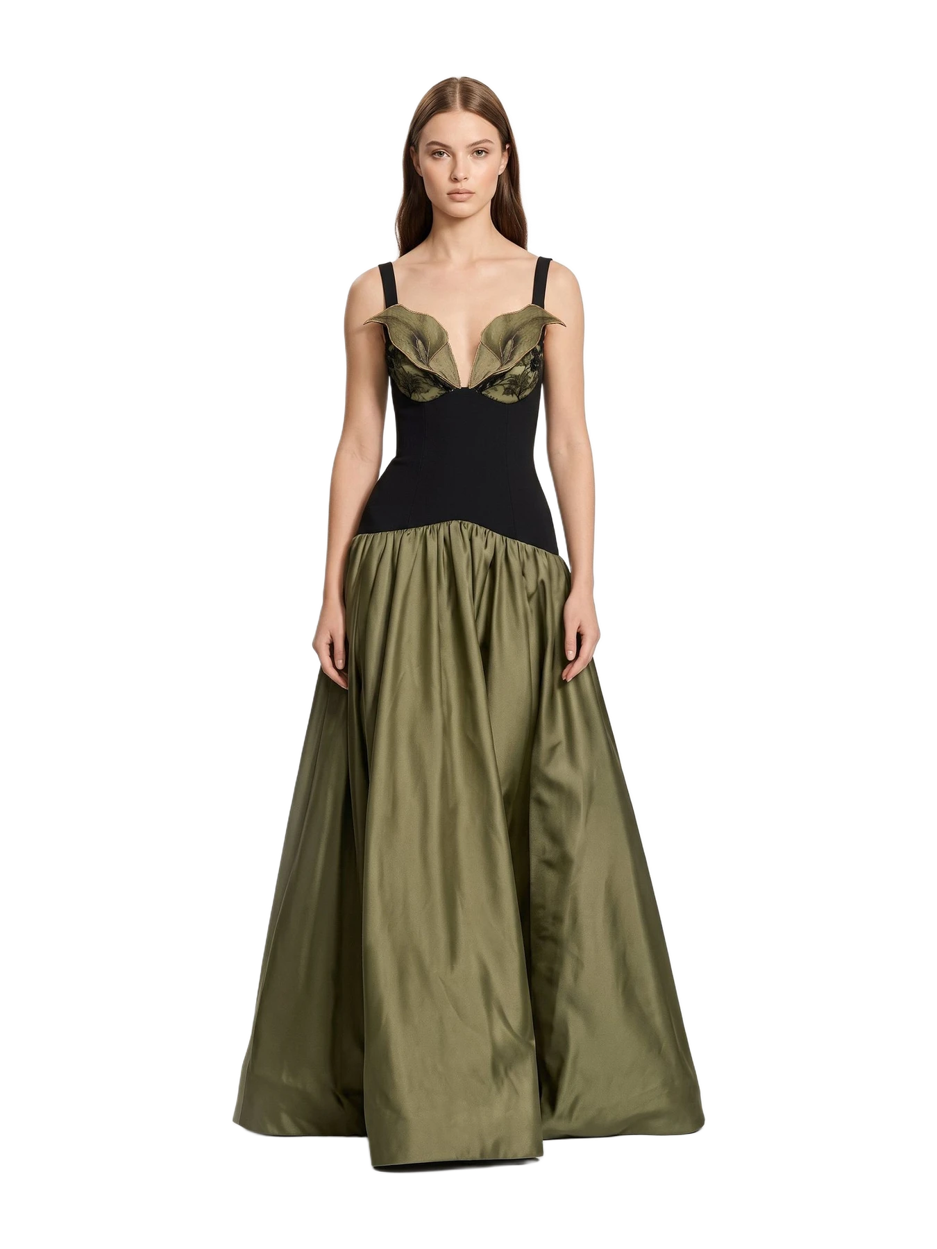 JW Pei 3d Floral Drop-Waist A-Line Maxi Dress - Olive Green & Black
