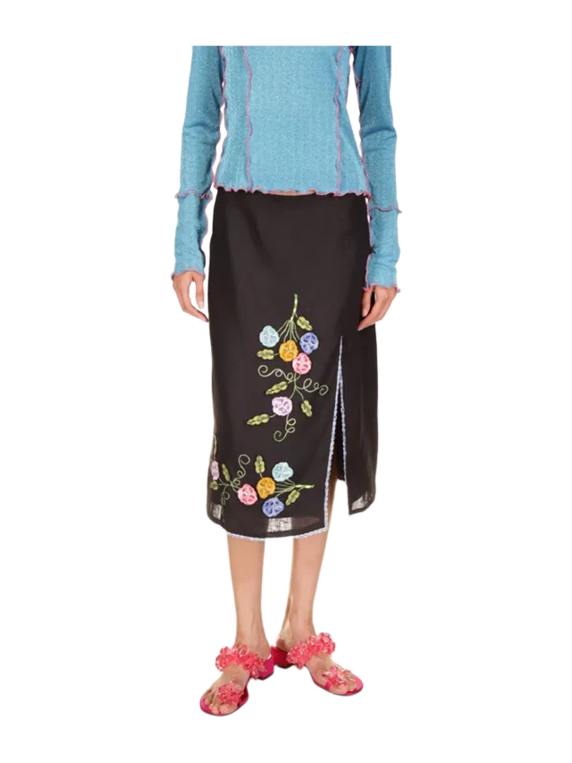 Anna Sui 3-D Pansy Embroidered on Linen Skirt
