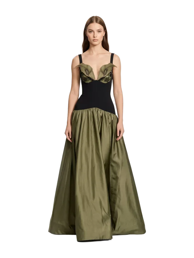 3D Floral Drop-Waist A-Line Maxi Dress - Olive Green & Black