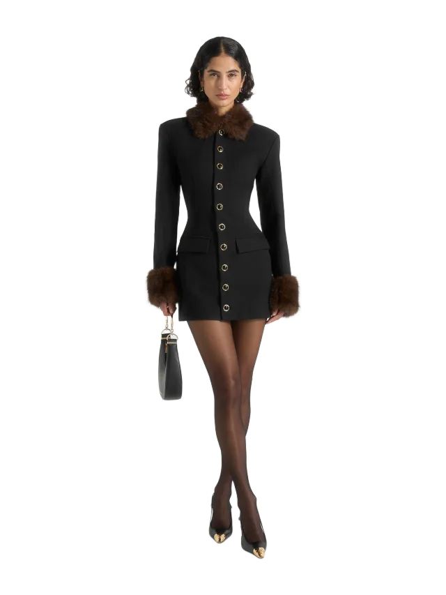 Manière de Voir Amelie - Wool-Blend Fur Trim Hourglass Blazer Dress - Black / Brown