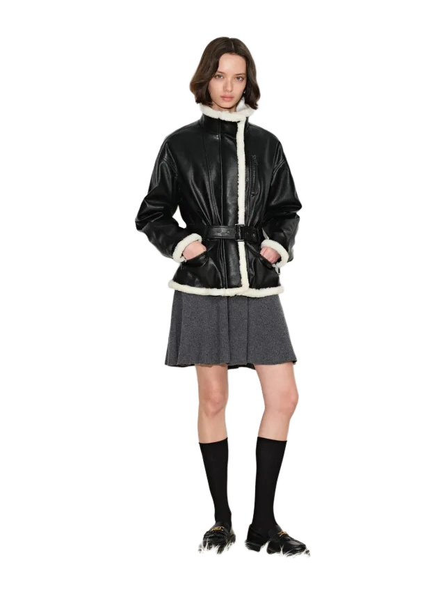 Fabrique Athena Belted Shearling Padded Jacket in Vegan Leather