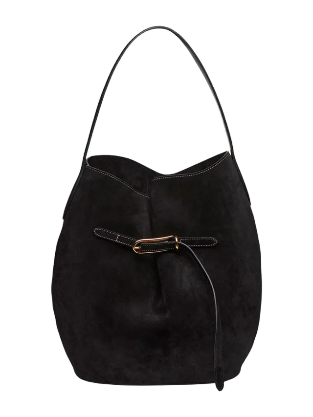 Liffner Belted Bucket Bag Large Black Suede