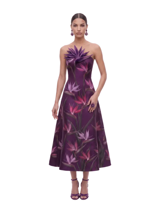 JW Pei Bird of Paradise Appliqué Strapless A-Line Midi Dress - Dark Violet