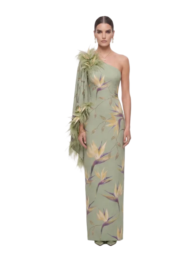 JW Pei Bird of Paradise Feather-Trim One-Shoulder Maxi Dress