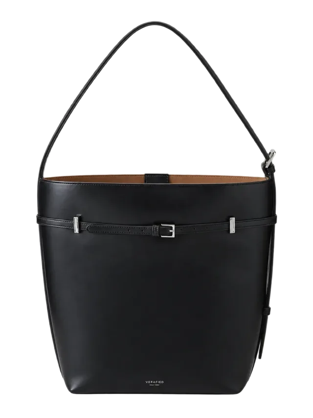Verafied New York Black Belted Leather Tote Bag