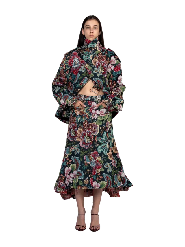 Marques' Almeida Black Brocade Midi Flare Skirt With Belt