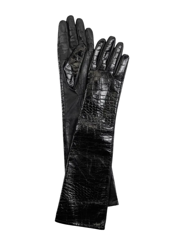 DE SAVARY Black Croc Leather Gloves