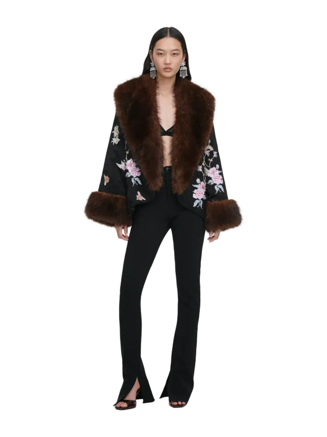 Self-Portrait Black Floral Jacquard Fur Collar Coat