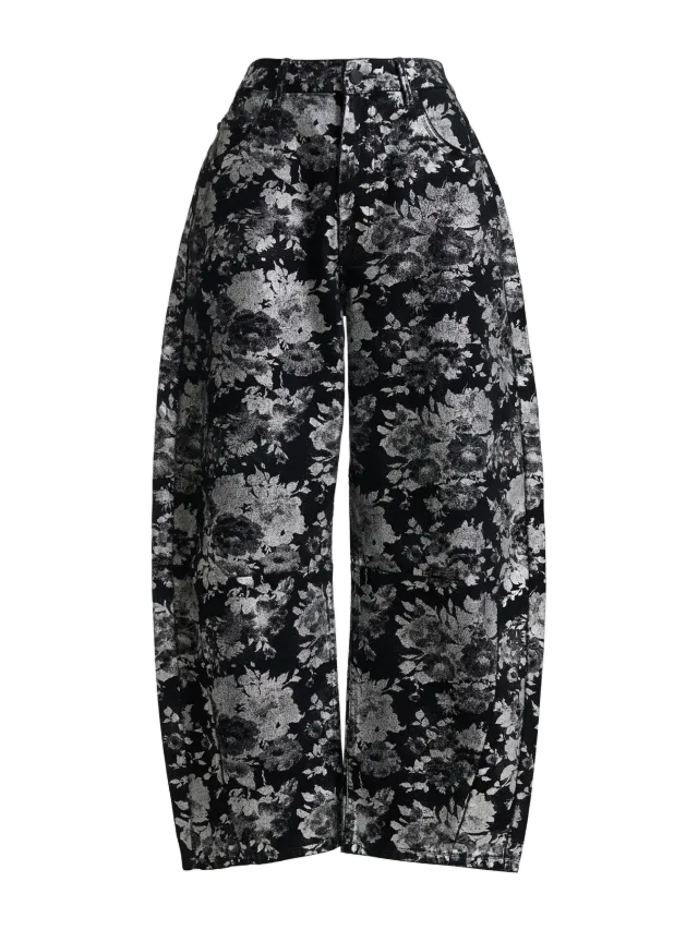 Essentiel Antwerp Black floral-print barrel-leg jeans