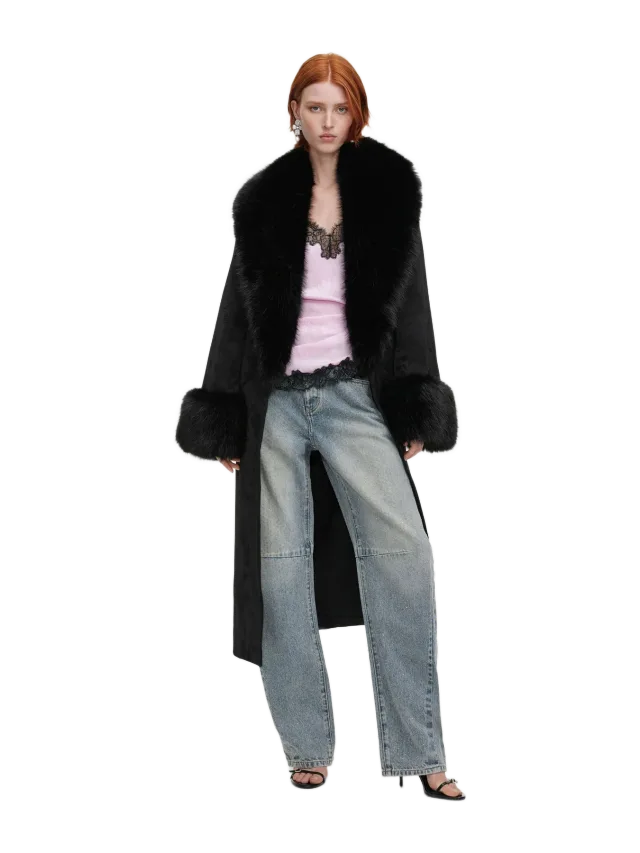 Self-Portrait Black Jacquard Fur Collar Coat