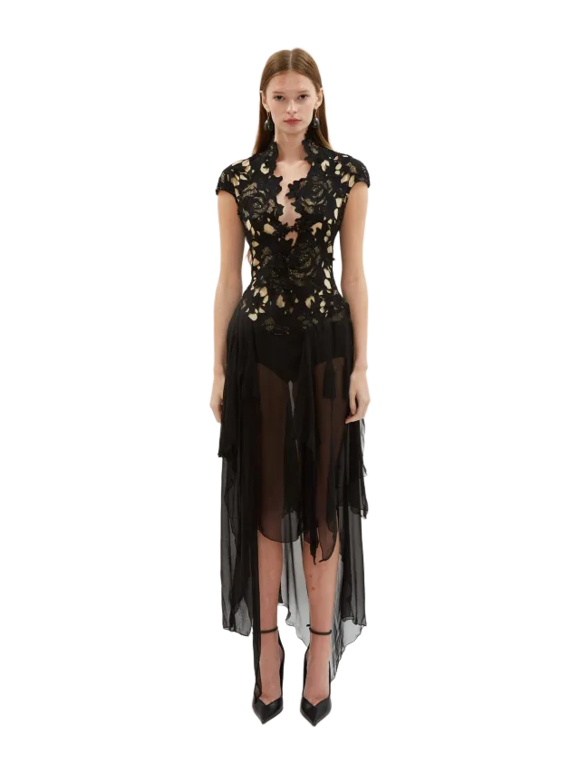 Kim Shui Black Lace Midi Dress With Sheer Skirt