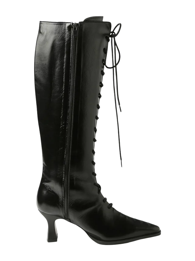THEN Black Lace-Up Knee-High Leather Boots