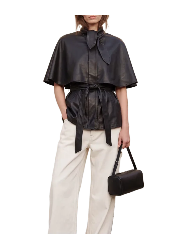 Pixie Market Black Leather Capelet Jacket with Neck Tie