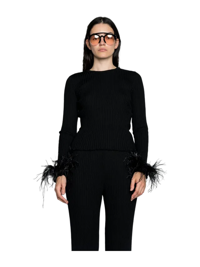 Marques' Almeida Black Merino Wool Fitted Top With Feathers