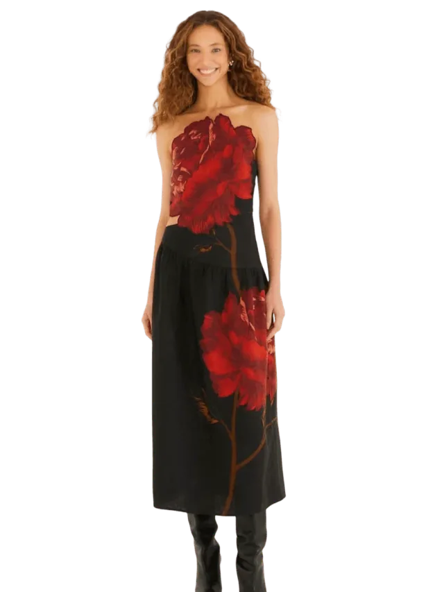 Farm Rio Black Rosalia Artisanal Lenzing™ Ecovero™ Euroflax™ Midi Dress