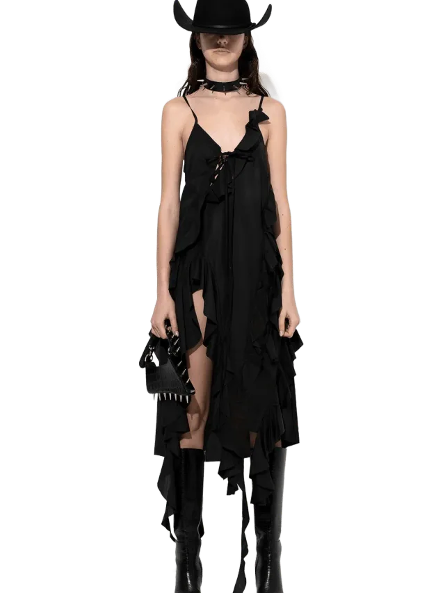 Marques' Almeida BLACK STRAP DRESS WITH ASYMMETRIC CASCADING FRILLS