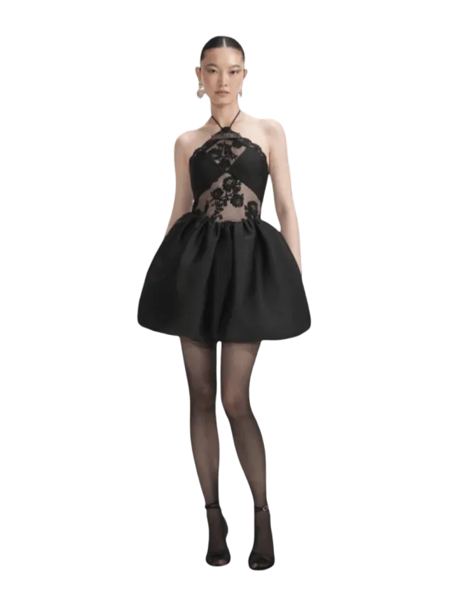Self-Portrait Black Taffeta Halterneck Mini Dress