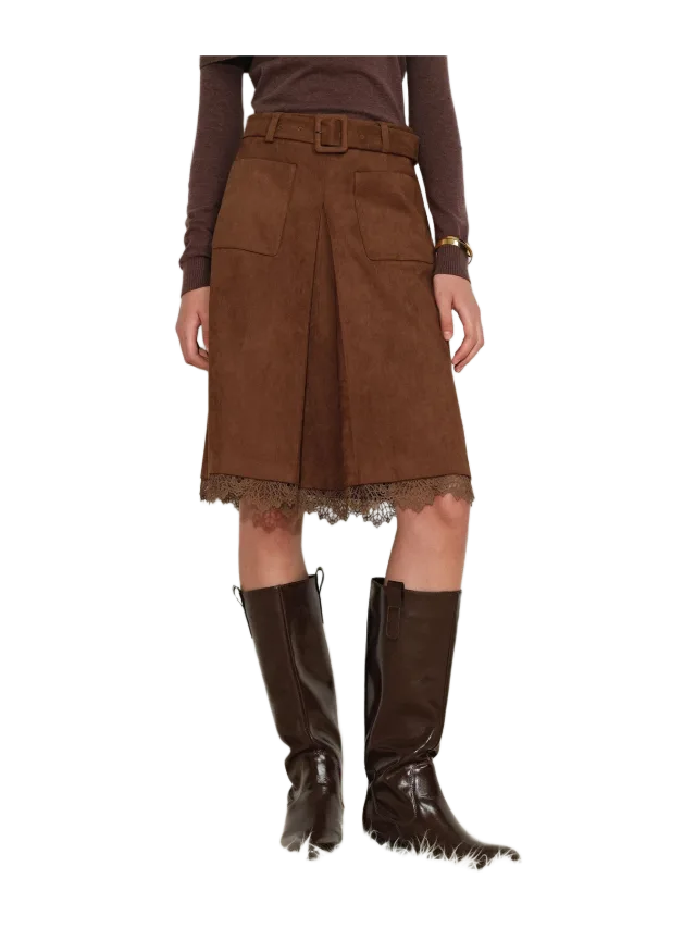 Fabrique Blake Lace Hem Skirt in Faux Suede