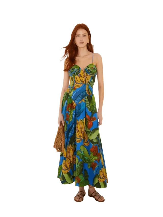 Farm Rio Blue Banana Grapes 3D Bodice Sleeveless Maxi Dress