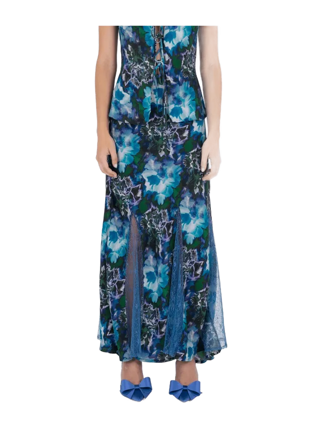Carmen Says Blue Lotus Flower Print and Lace Skirt