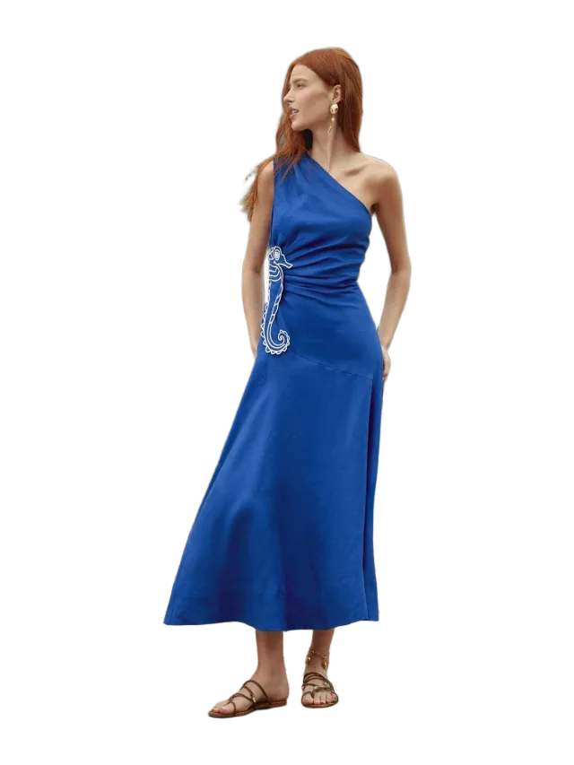 Farm Rio Blue Seahorse Embroidery One-Shoulder Maxi Dress