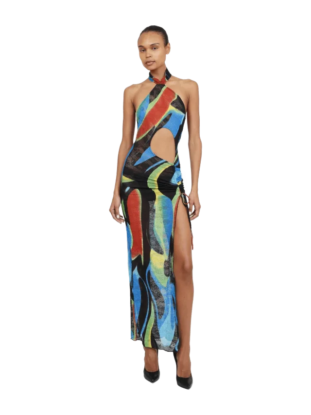 Kim Shui Blue Swirl Cut out Qi Pao-Full length