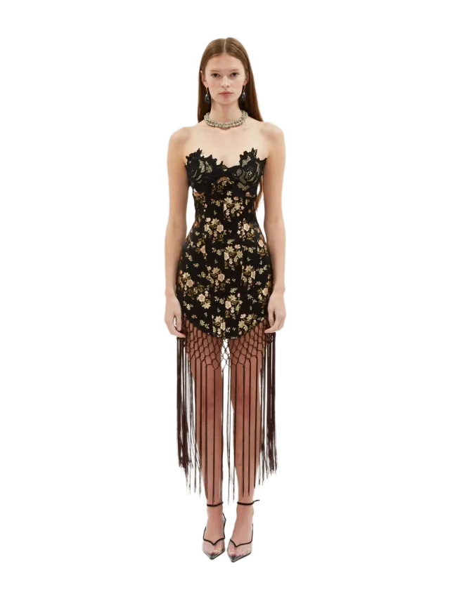 Kim Shui Brocade Bustier Skirt With Hand-Knotted Fringe-Pre Order