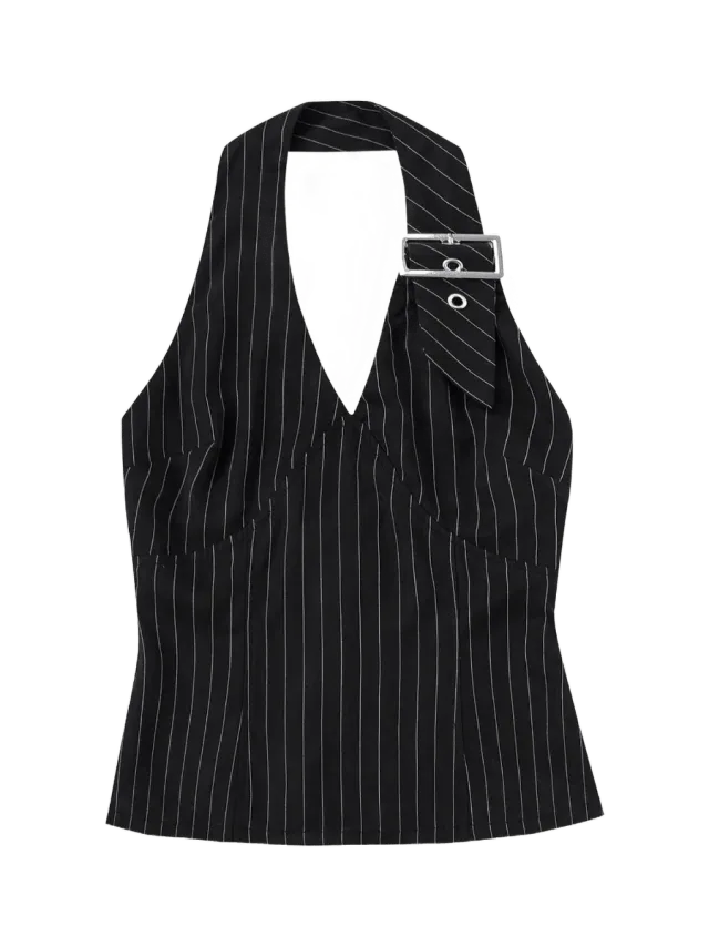 Fashion Brand Company Buckle Halter Top Tencel Stripe