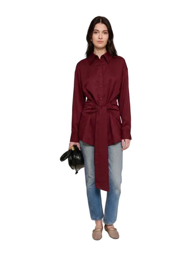 Pixie Market Burgundy Waist-Tie Tencel Shirt
