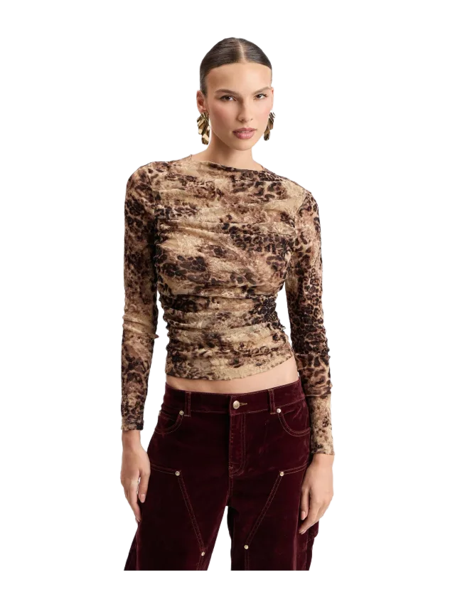Burnout Cheetah Ruched Funnel-Neck Top