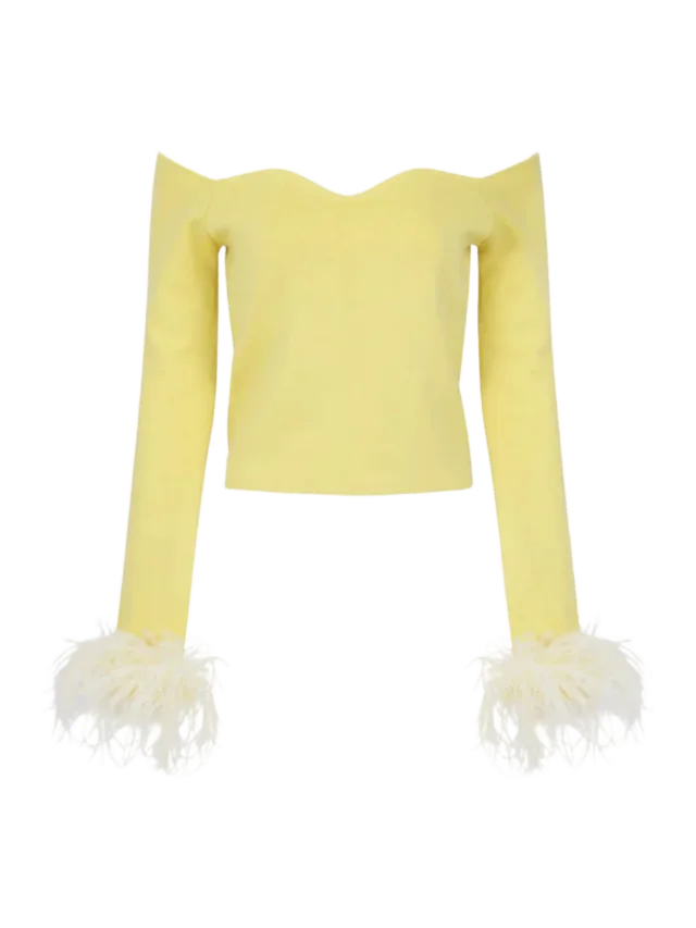 ANDREEVA Butter Yellow Vanilla Knit Top With Detachable Feathers Cuffs