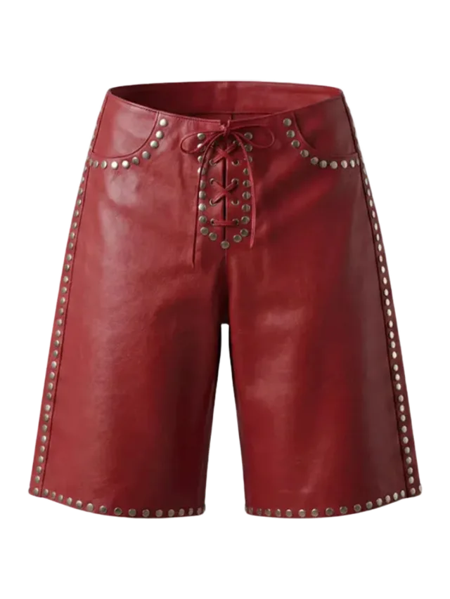 Double A CALLIE LEATHER STUDDED SHORTS IN RED