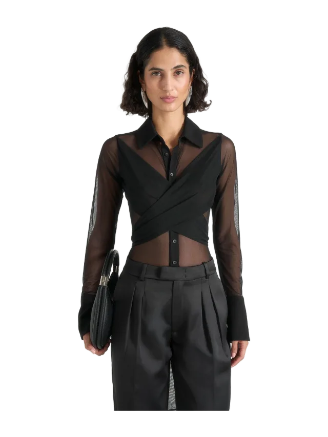 Manière de Voir Canelle - Sheer Crossover Shirt Bodysuit - Black