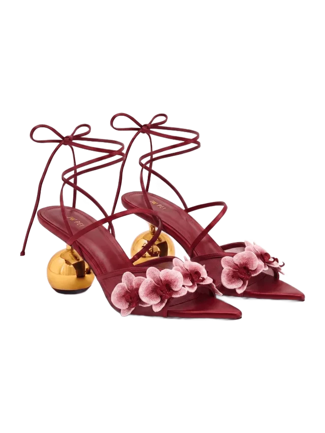 JW Pei Celia Orchid Embroidered Sphere Heel Lace-Up Sandals - Burgundy