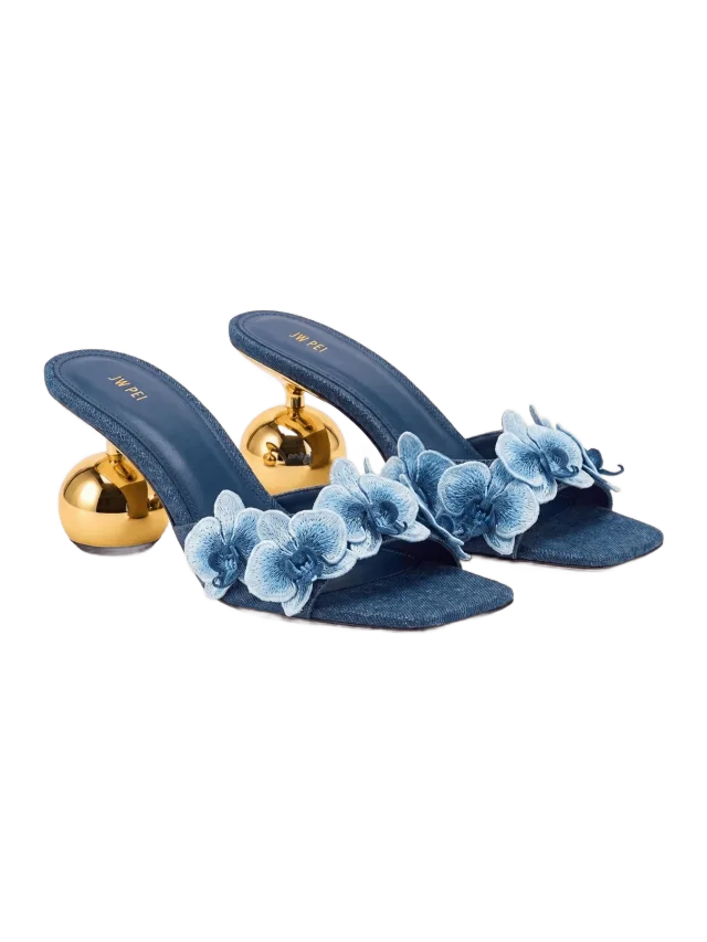 JW Pei Celia Orchid Embroidered Sphere Heel Mules - Denim Blue