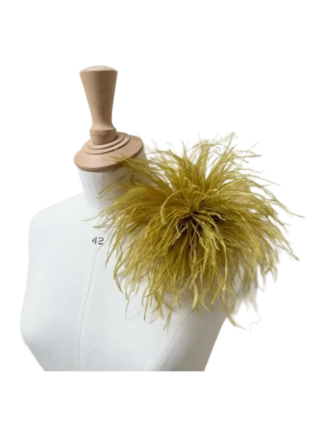 EvieRoseMade Chartreuse Ostrich Feather brooch pin, Gold corsage accessory boutonnière for weddings