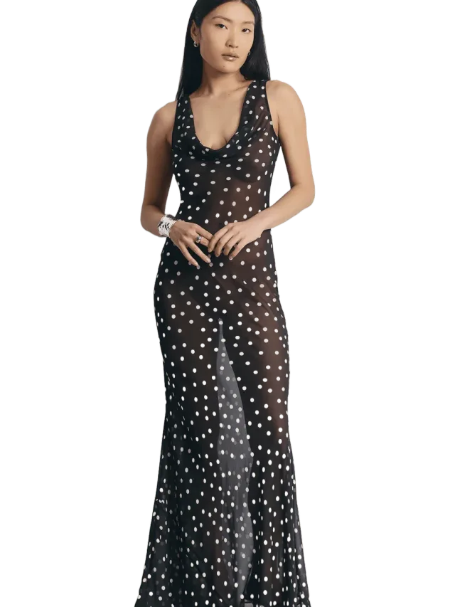 Because of Alice Chiffon Cowl Neck Gown - Maxi Polka Dot