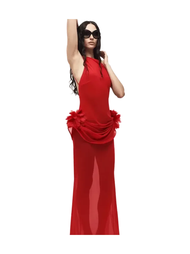 Selezza London Chiffon Floral Maxi Dress in Red