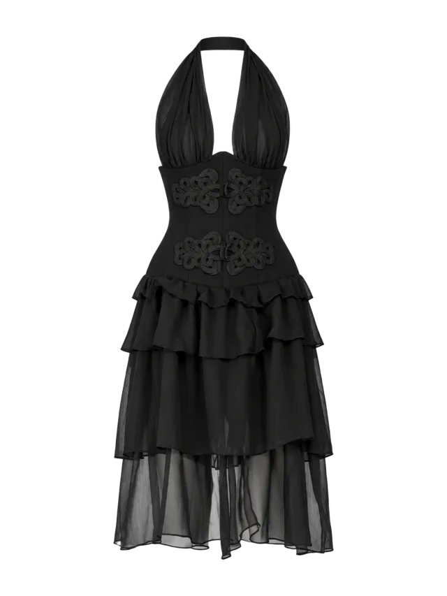 Sinead Gorey Chiffon Halter-Neck Corset Military Braid Dress