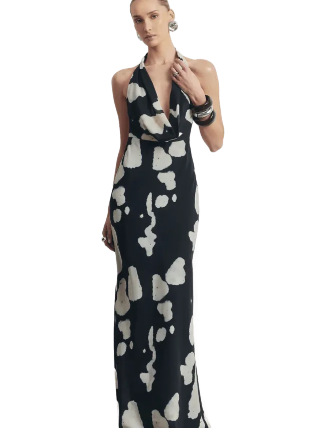 Because of Alice Chiffon Plunging Cowl Neck Maxi Dress - Abstract Pebble