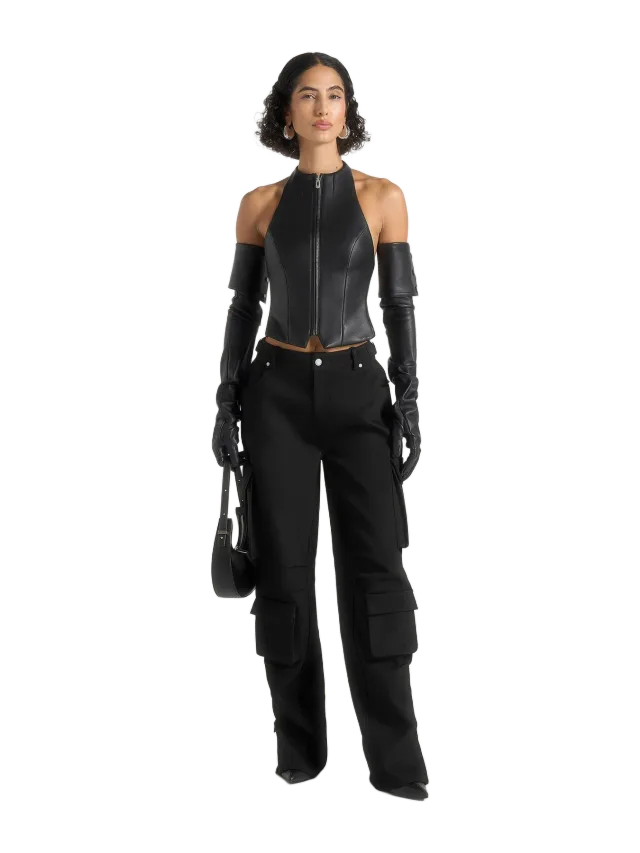 Manière de Voir Claudette - Leather Halter Backless Top - Black