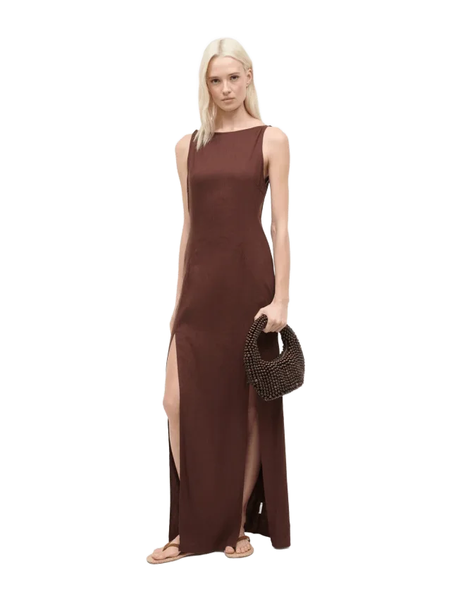 Staud COSTA LINEN DRESS | DARK OAK