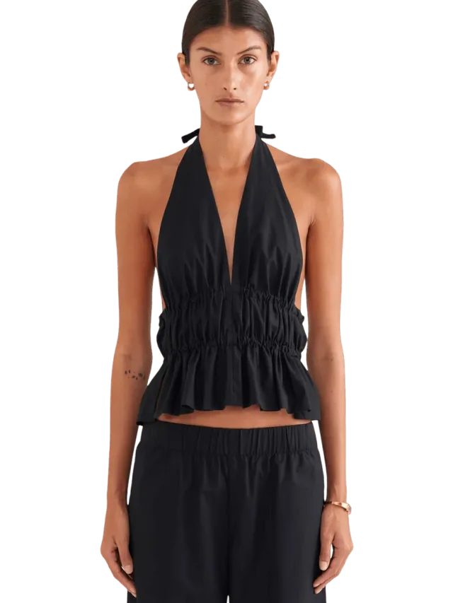 Venroy Cotton Poplin Halter Top - Black