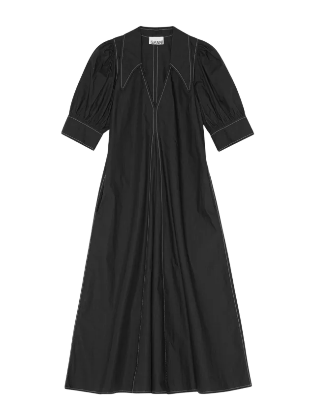 GANNI Cotton Poplin V-Neck Midi Dress