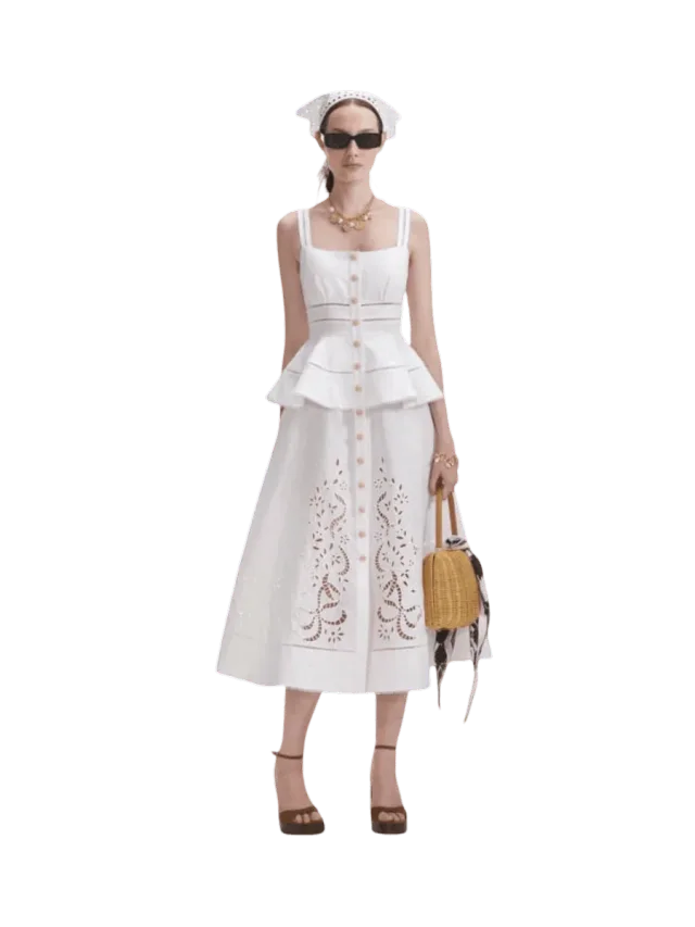 Self-Portrait Cream Linen Peplum Midi Dress