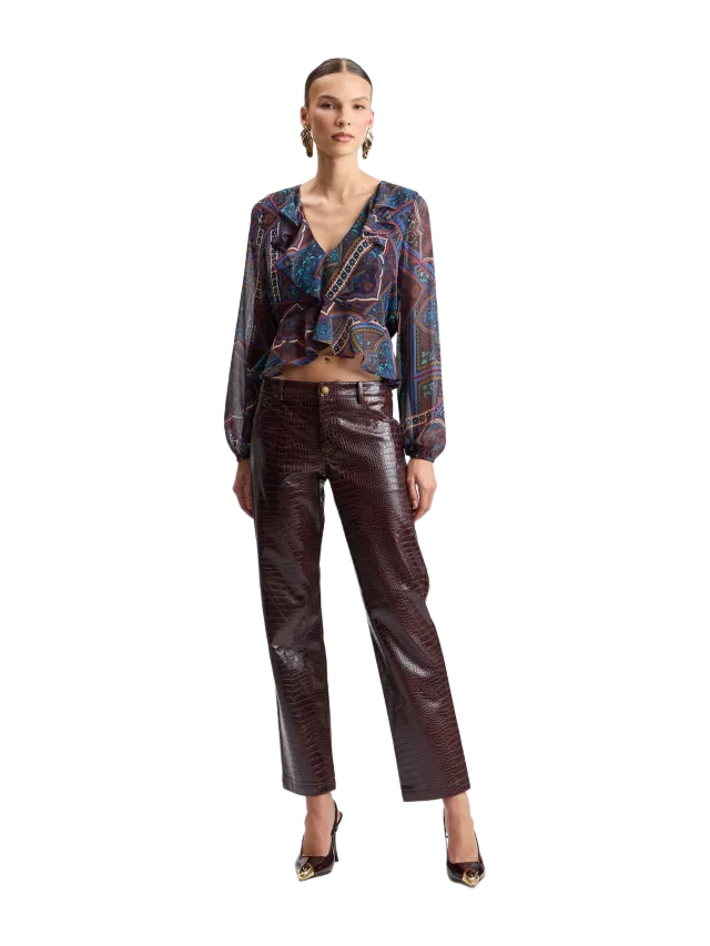 Croc-Embossed Faux Leather Straight-Leg Pants
