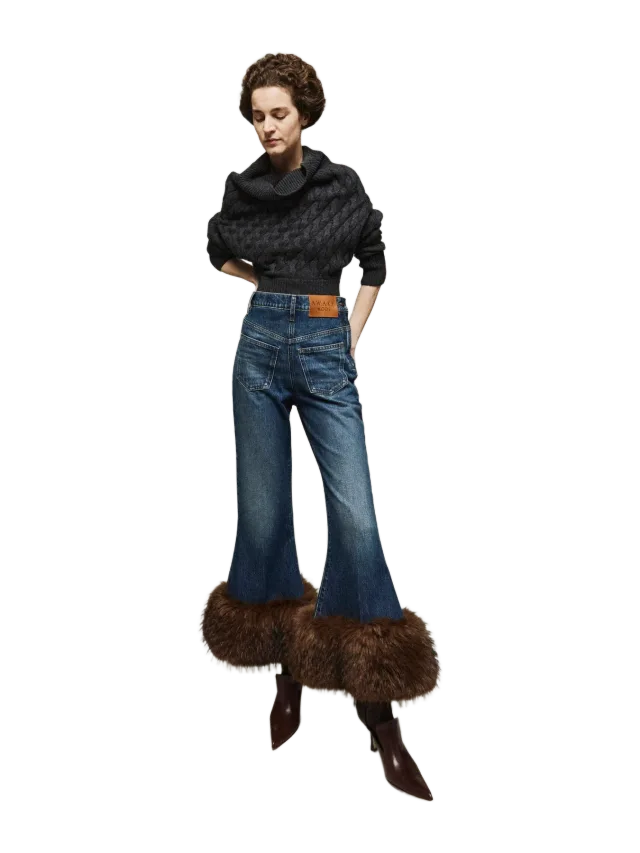 A.W.A.K.E. MODE Cropped Flared Trousers With Faux Fur Hem Classic Blue Wash