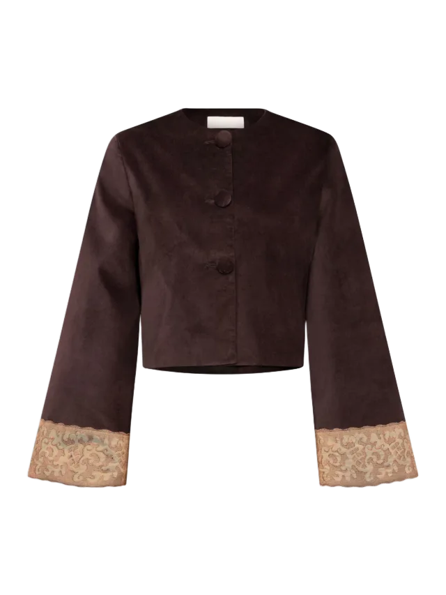 DESTREE Cropped velvet jacket with lace hem - Dark Brown