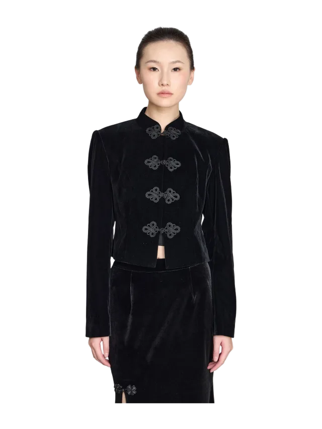 Qipology Cropped Velvet Pankou Jacket (Black)